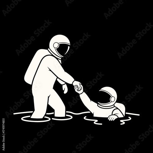 Astronaut in space helping another astronaut in water teamwork concept.