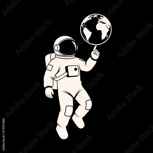 Astronaut floating in space touching the earth with his finger.