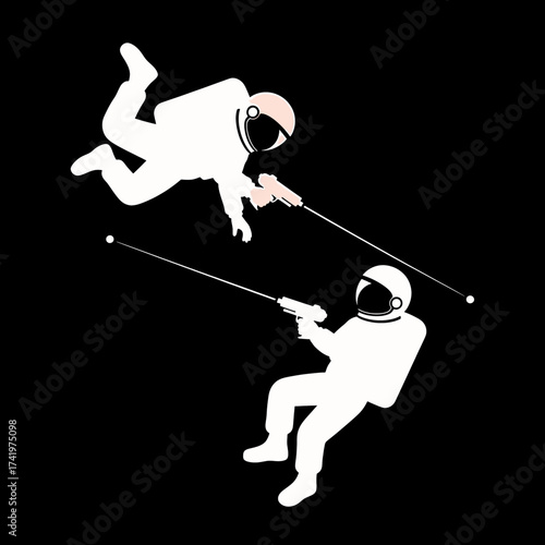 Astronauts in space shooting lasers at each other in a cosmic battle.