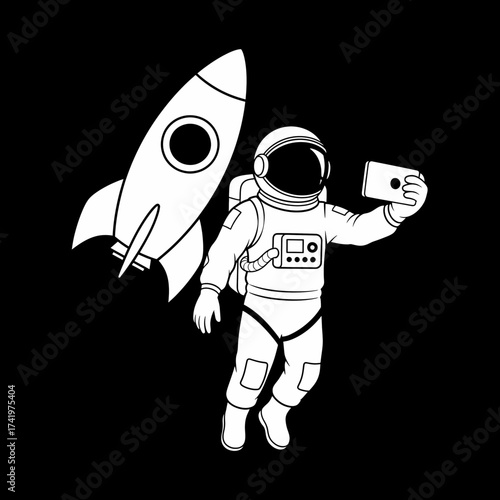 Astronaut Taking Selfie in Space with Rocket.