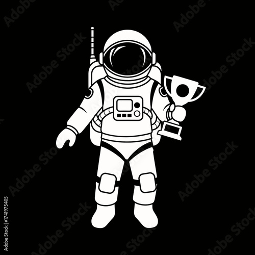 Astronaut holding trophy winner of space exploration competition white outline.