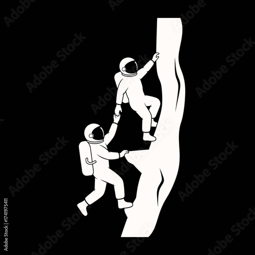 Astronauts climbing a rock face teamwork and space exploration concept.