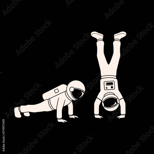 Astronauts exercising in space doing pushups and handstands fitness concept.