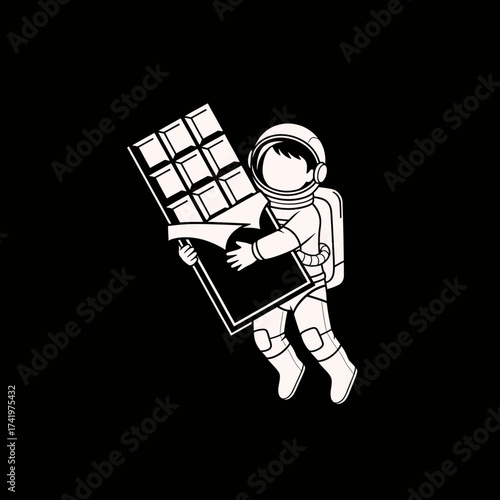Astronaut floating in space holding a giant chocolate bar.