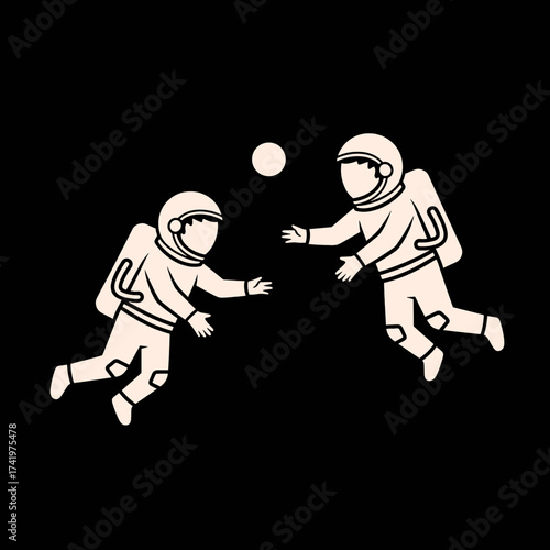 Astronauts floating in space with a ball sharing a moment of fun and connection.