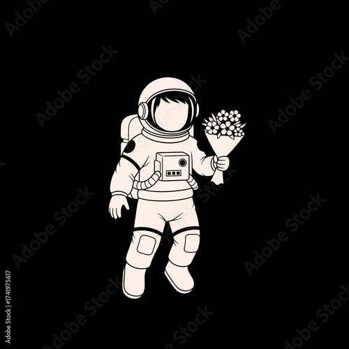 Astronaut holding a bouquet of flowers in space a cosmic gesture of love.