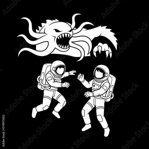 Astronauts Confronting a Terrifying Space Monster in the Void.
