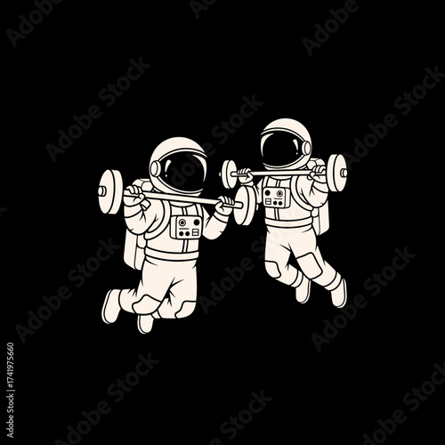Astronauts Lifting Weights in Space Fitness and Training Concept.