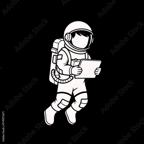 Astronaut in space holding a tablet futuristic technology concept.