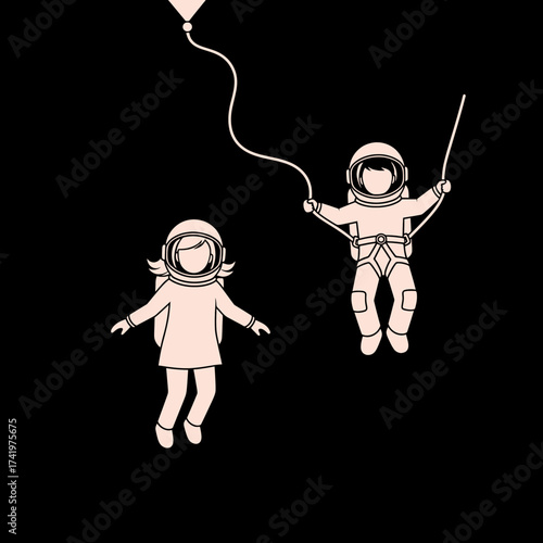 Astronauts in Space with Kite and Stick Floating in Zero Gravity.