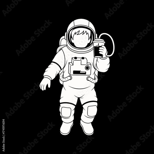 Astronaut in Space Holding Coffee Cup Black and White Illustration.