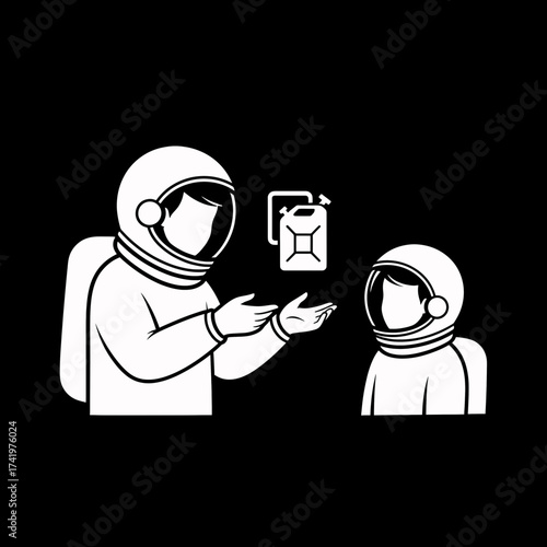 Astronauts Discussing Fuel Canister in Space Exploration.