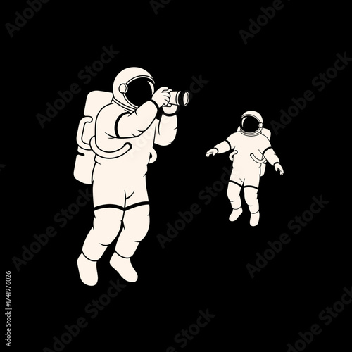 Astronaut taking photo of another astronaut in space black background.