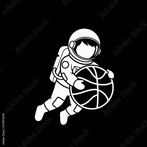 Astronaut Holding Basketball in Space White Outline on Black Background.