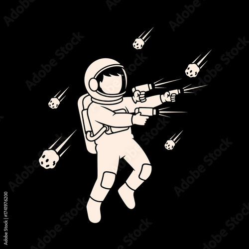 Astronaut Shooting Meteors in Space with Two Guns.