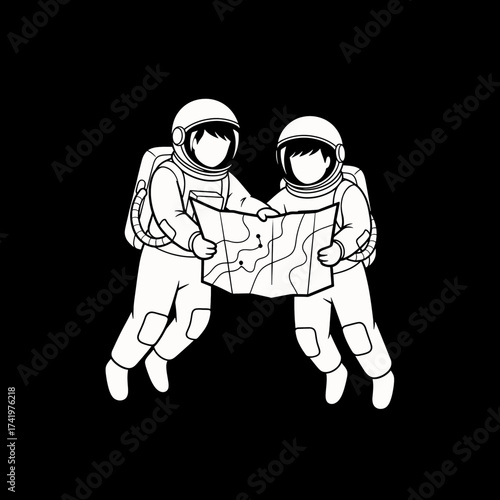 Astronauts in Space Exploring a Map Together Space Exploration Concept.