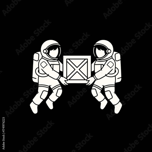 Two astronauts floating in space holding a wooden crate together.
