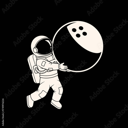 Astronaut holding a bowling ball in space ready to bowl.