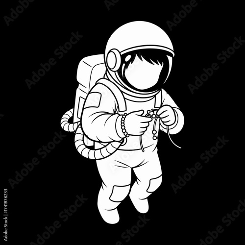 Astronaut knitting in space creative illustration space exploration cosmic art.