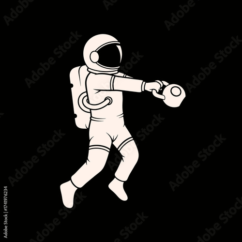 Astronaut exercising with kettlebell in space fitness concept weightlifting.