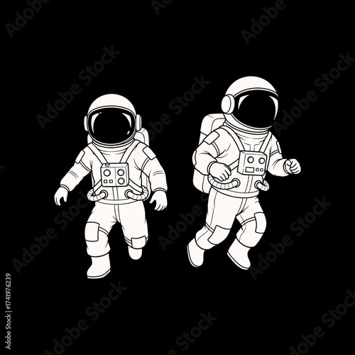 Two astronauts in space suits running forward on a black background.