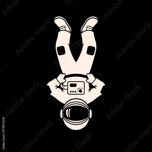 Astronaut in space suit floating upside down in the darkness.