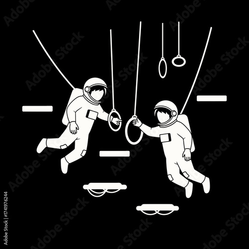 Astronauts in Space Gymnastics Performing Artistic Movements with Rings.