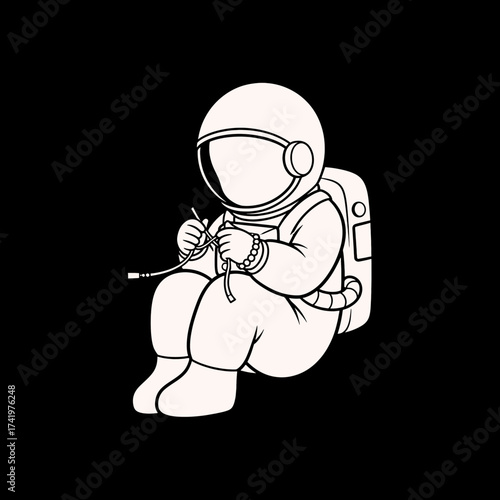 Astronaut knitting in space creative illustration space exploration.