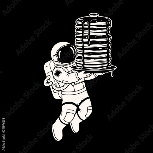 Astronaut floating in space holding a stack of pancakes with syrup.