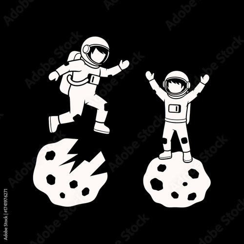 Astronauts on the moon space exploration vector illustration black and white.