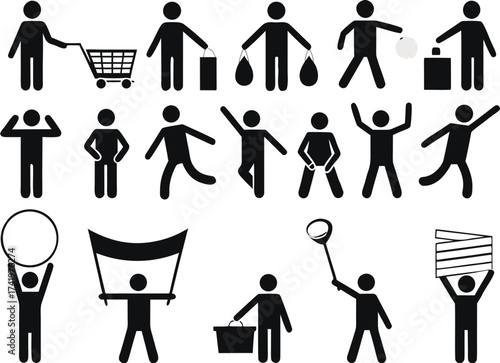 Set of human pictograms with different objects and activity illustrated on white background

