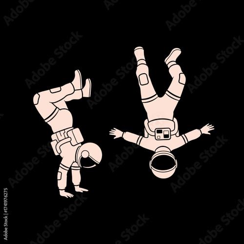 Two Astronauts Doing Handstands in Space Artistic Illustration.