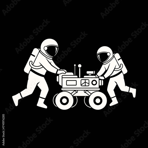 Astronauts working together to operate a rover on a mission.