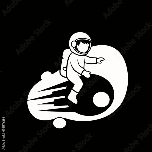 Astronaut riding a yin yang symbol in space creative illustration concept.