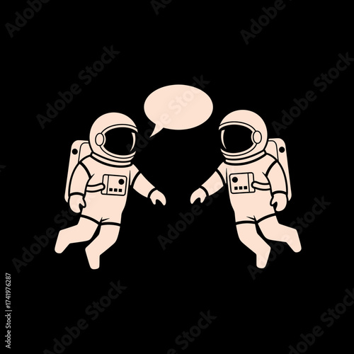 Two astronauts floating in space with a speech bubble.