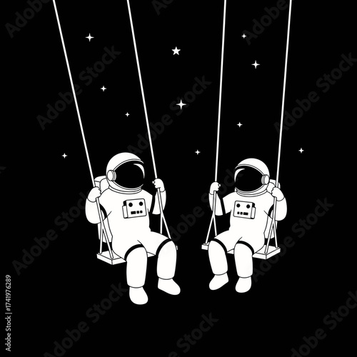 Astronauts on Swings in Space A Whimsical Illustration.