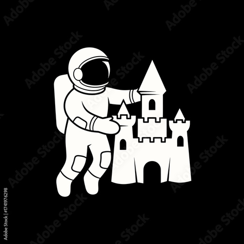 Astronaut building a castle in space a whimsical illustration.