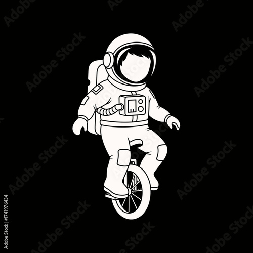 Astronaut riding a unicycle in space creative illustration black background.