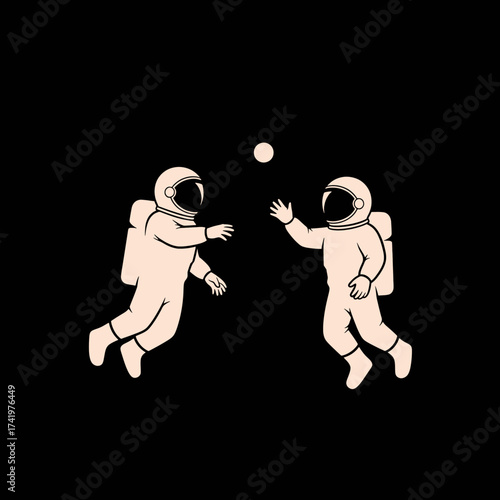 Two astronauts floating in space playing with a ball 1.