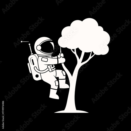 Astronaut Climbing Tree in Space Suit on Black Background.