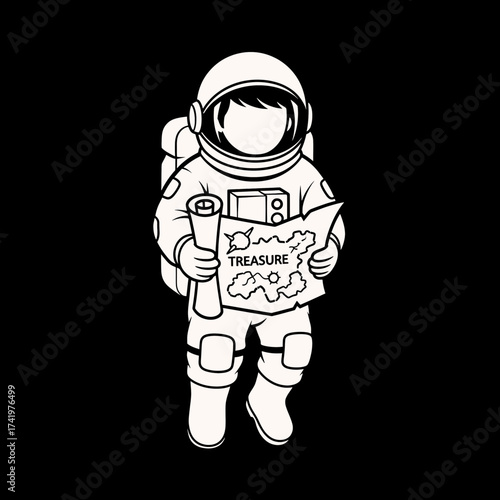 Astronaut with treasure map exploring space for hidden riches and adventure.
