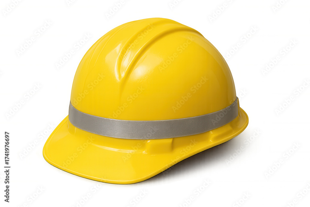 Fototapeta premium Yellow hard hat with a silver reflective stripe protecting workers on construction sites and unsafe environments