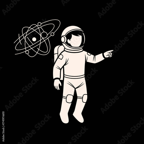 Astronaut pointing at an atom model space exploration concept science illustration.