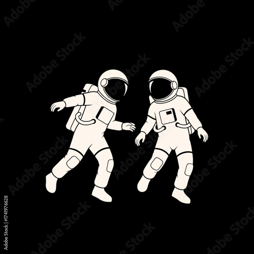 Two astronauts floating in space exploring the cosmos space travel concept.