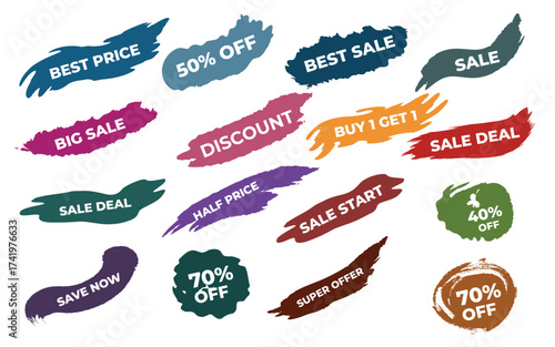 Brush sale, colored stickers, tags banners collection template promotion media discount offer design