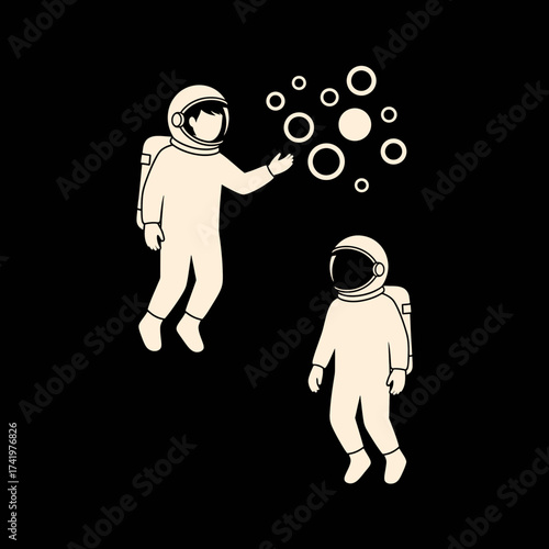 Astronauts floating in space with bubbles and a black background.