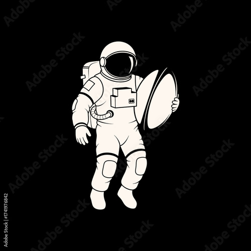 Astronaut holding a satellite dish in space black background.