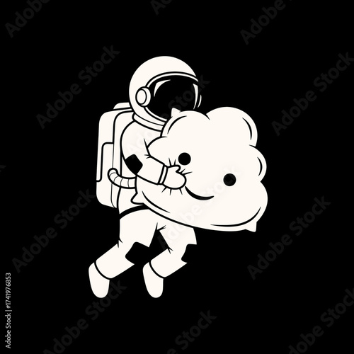 Astronaut floating in space hugging a cloud with a smiling face.
