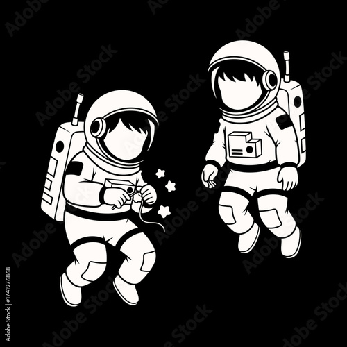 Two astronauts floating in space one knitting stars space exploration concept.