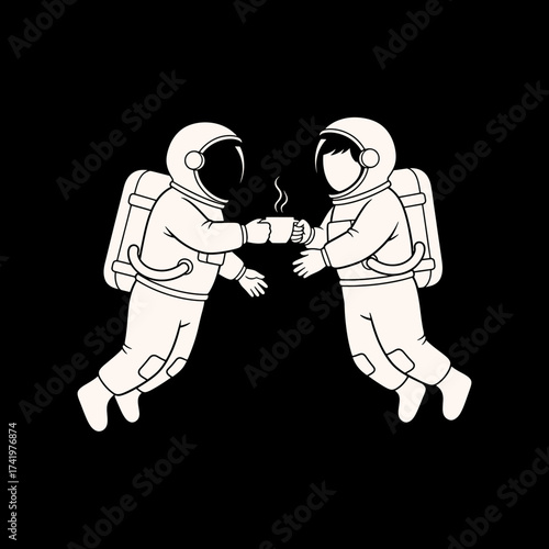 Two Astronauts Floating in Space Sharing a Cup of Coffee.